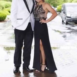 PromGirl Black Beaded Prom Dress w slit